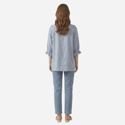 Chemisier en coton pour femme avec col volanté, manches 3/4, blouse décontractée à boutons.