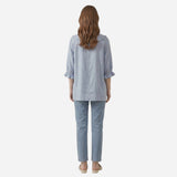 Chemisier en coton pour femme avec col volanté, manches 3/4, blouse décontractée à boutons.