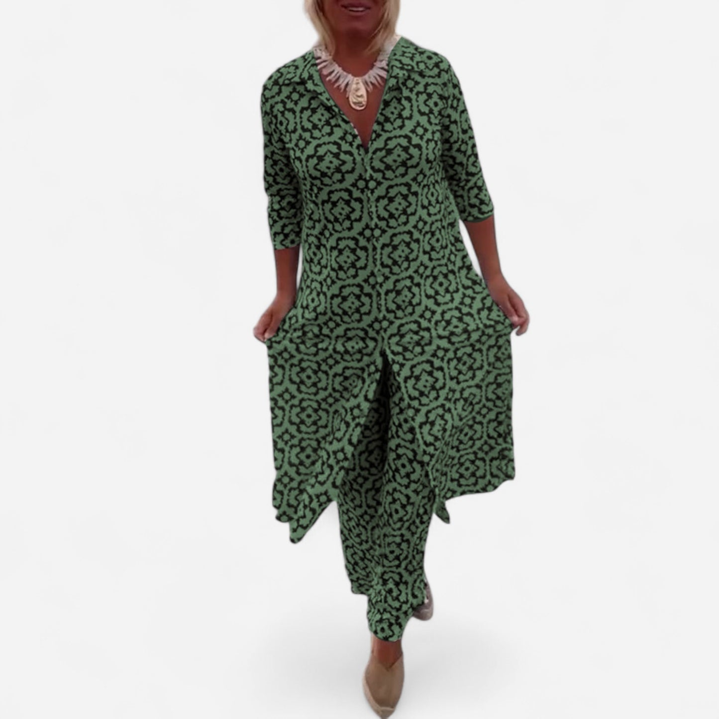 Livia - Ensemble Vintage Imprimé avec Revers Élégants et Boutons Chic