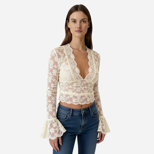 Blouse en Dentelle Femme Élégante à Manches Longues V-Neck