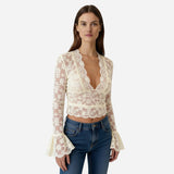 Blouse en Dentelle Femme Élégante à Manches Longues V-Neck
