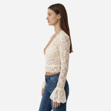 Blouse en Dentelle Femme Élégante à Manches Longues V-Neck