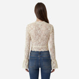 Blouse en Dentelle Femme Élégante à Manches Longues V-Neck