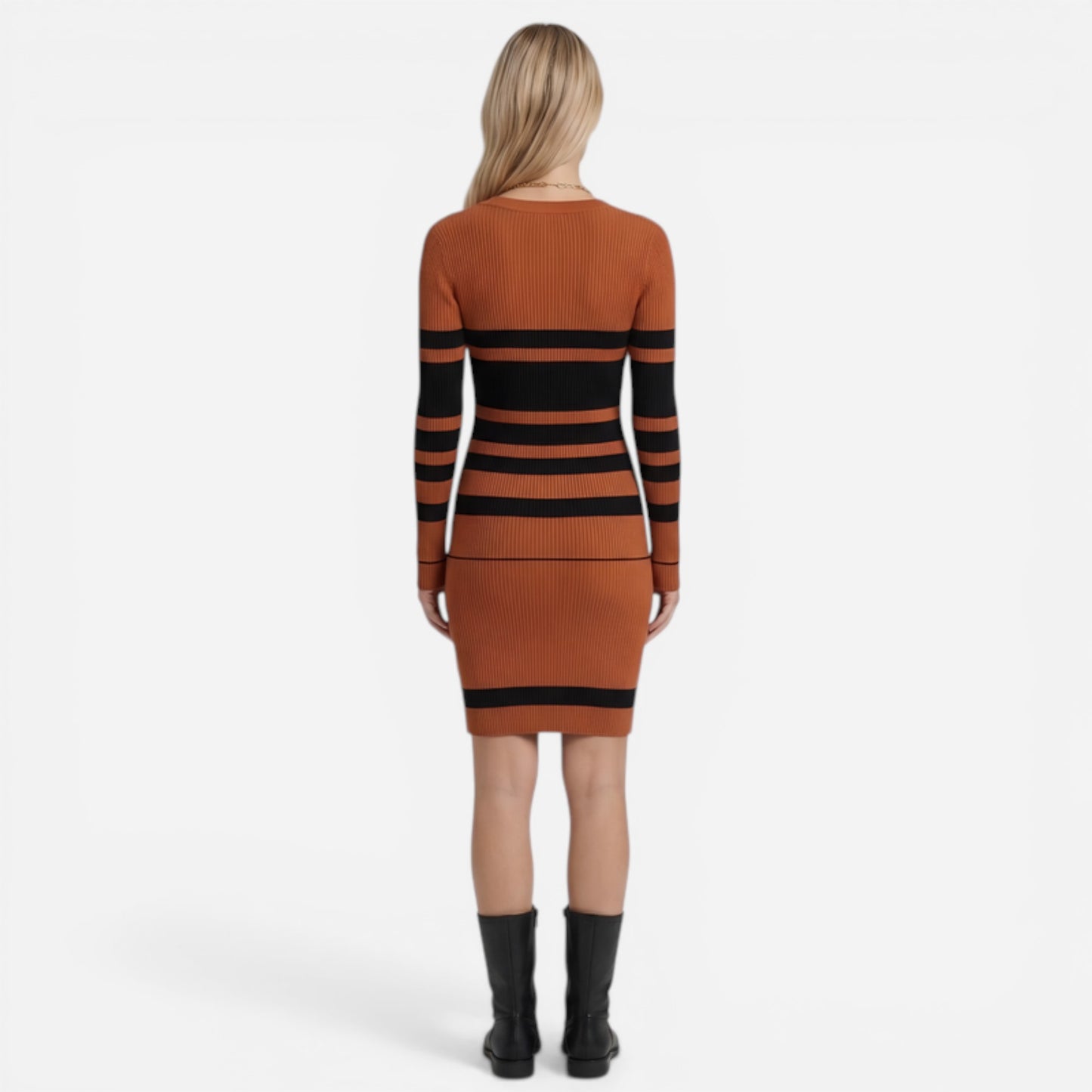 Robe Tricot Rayée Femme Ajustée à Manches Longues - Élégante et Confortable