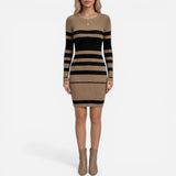 Robe Tricot Rayée Femme Ajustée à Manches Longues - Élégante et Confortable