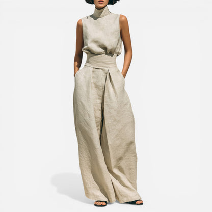 Ensemble Femme : Blouse sans Manches en Coton-Lin & Pantalon Large