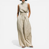 Ensemble Femme : Blouse sans Manches en Coton-Lin & Pantalon Large