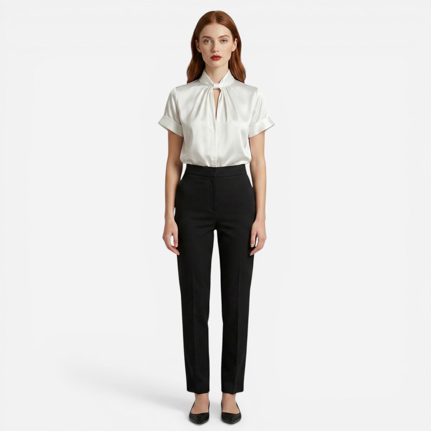 Blouse Élégante Femme à Manches Courtes, Col Haut et Détails Découpés
