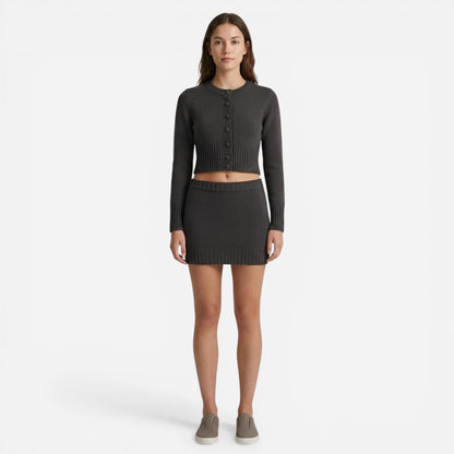 Ensemble en tricot côtelé pour femmes : cardigan et jupe courte élastique