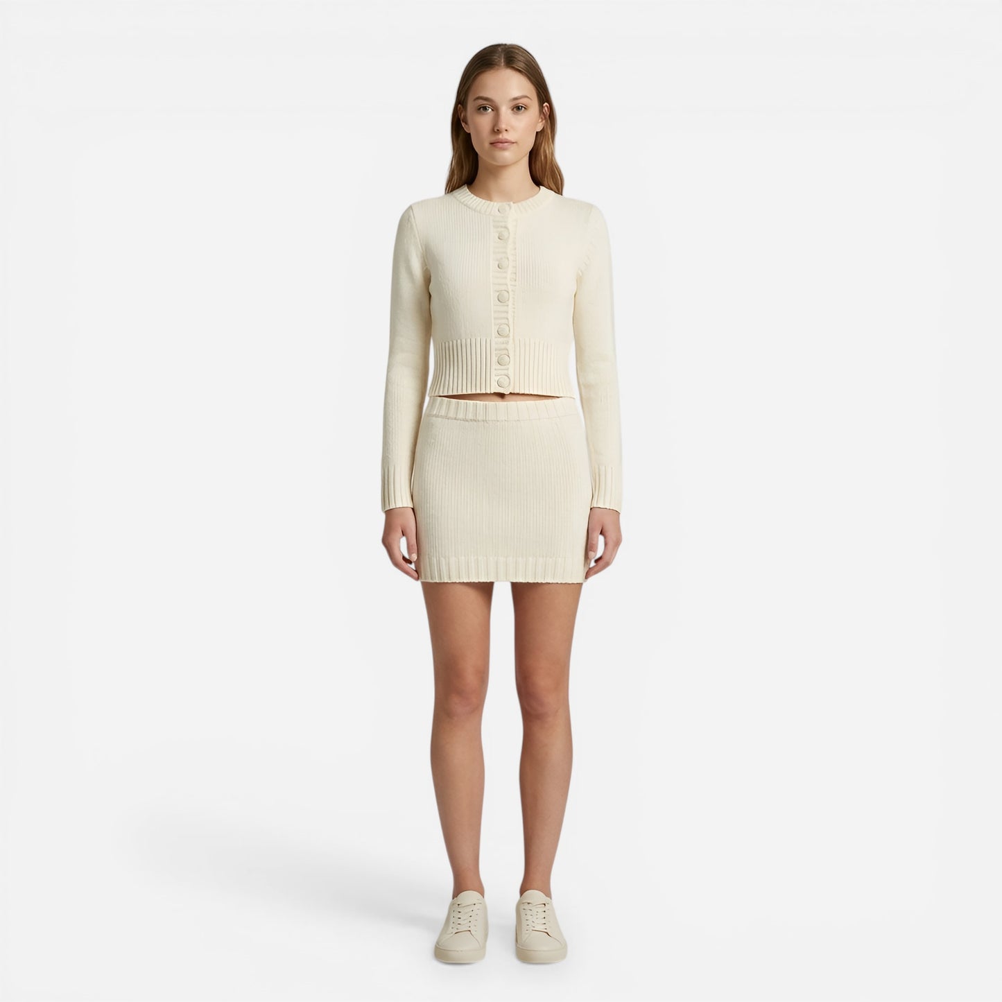 Ensemble en tricot côtelé pour femmes : cardigan et jupe courte élastique