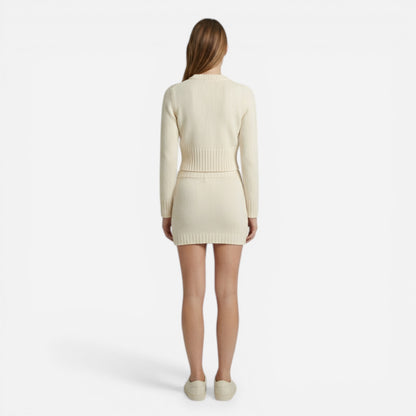 Ensemble en tricot côtelé pour femmes : cardigan et jupe courte élastique