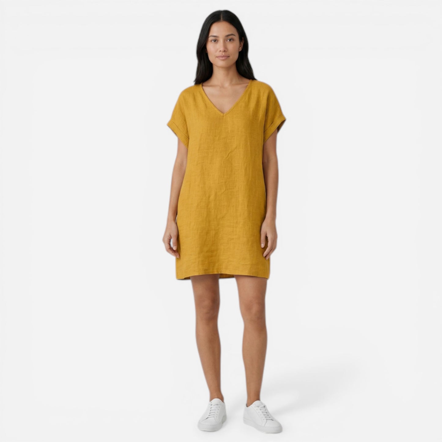 Robe d'été en lin pour femme, V-col et manches courtes, décontractée