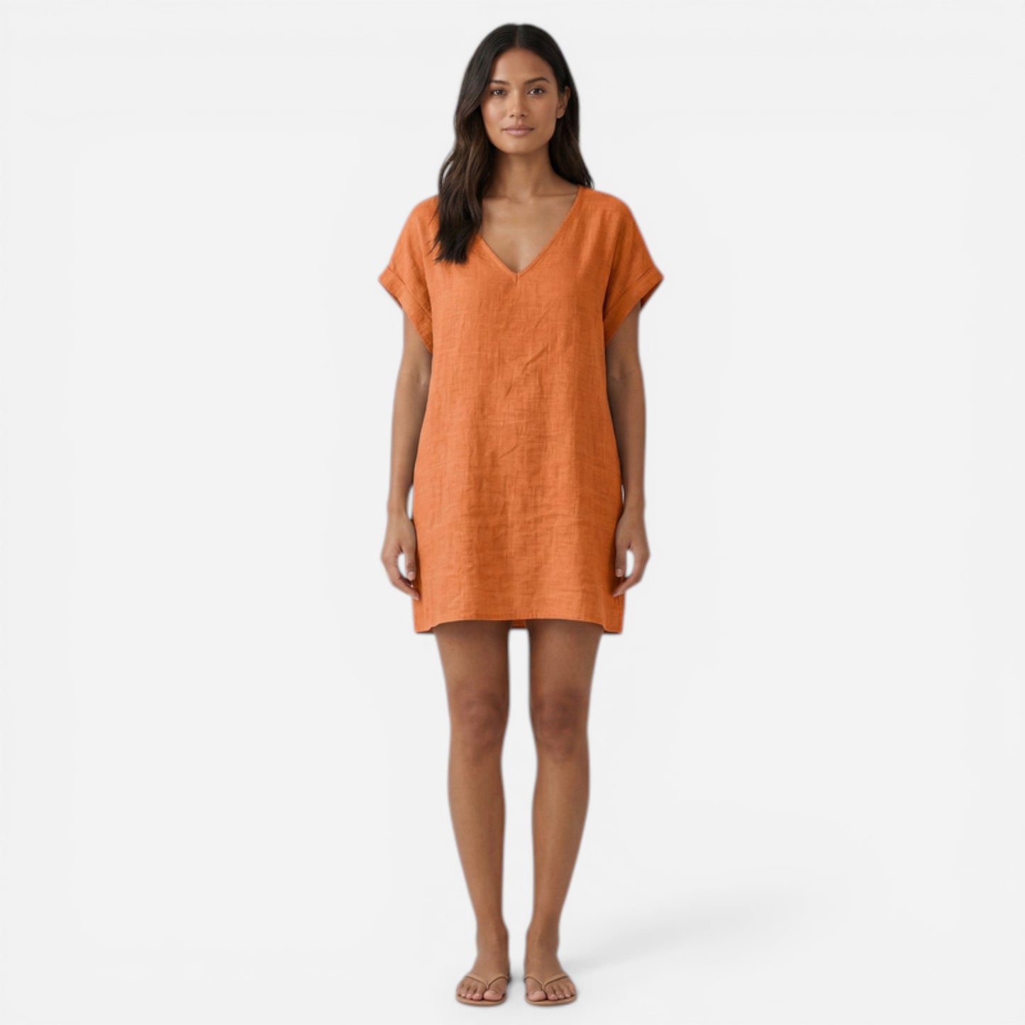 Robe d'été en lin pour femme, V-col et manches courtes, décontractée