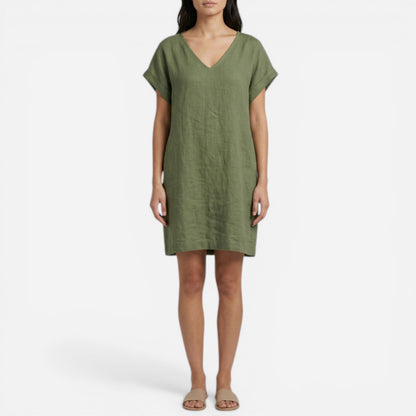 Robe d'été en lin pour femme, V-col et manches courtes, décontractée