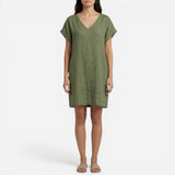 Robe d'été en lin pour femme, V-col et manches courtes, décontractée