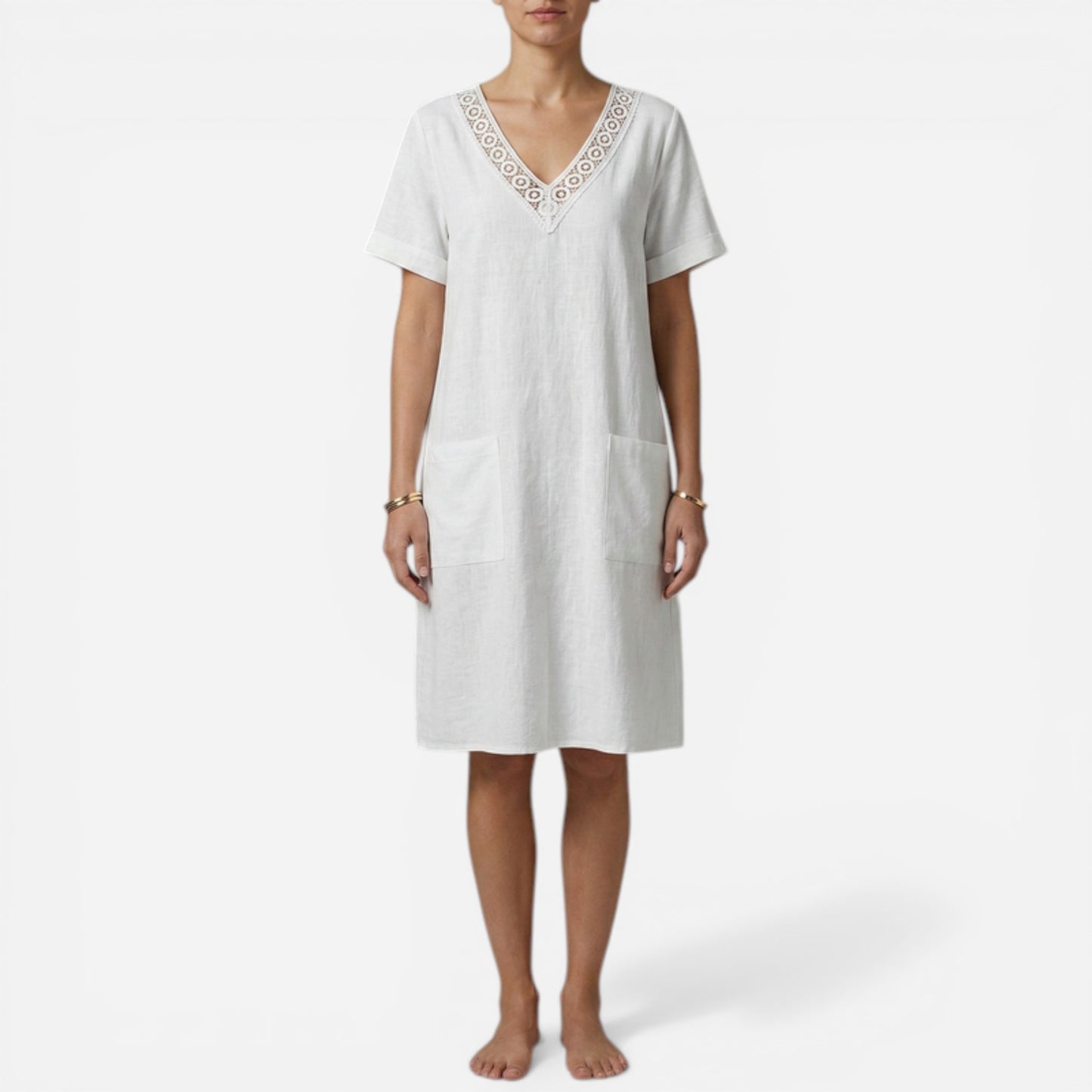 Robe d'été en coton pour femme, col V, poches et manches courtes