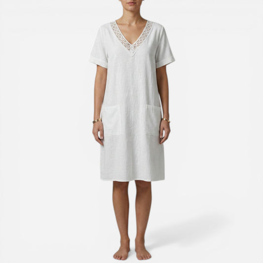 Robe d'été en coton pour femme, col V, poches et manches courtes