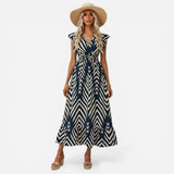 Robe longue femme à décolleté en V, taille élastique, imprimé géométrique