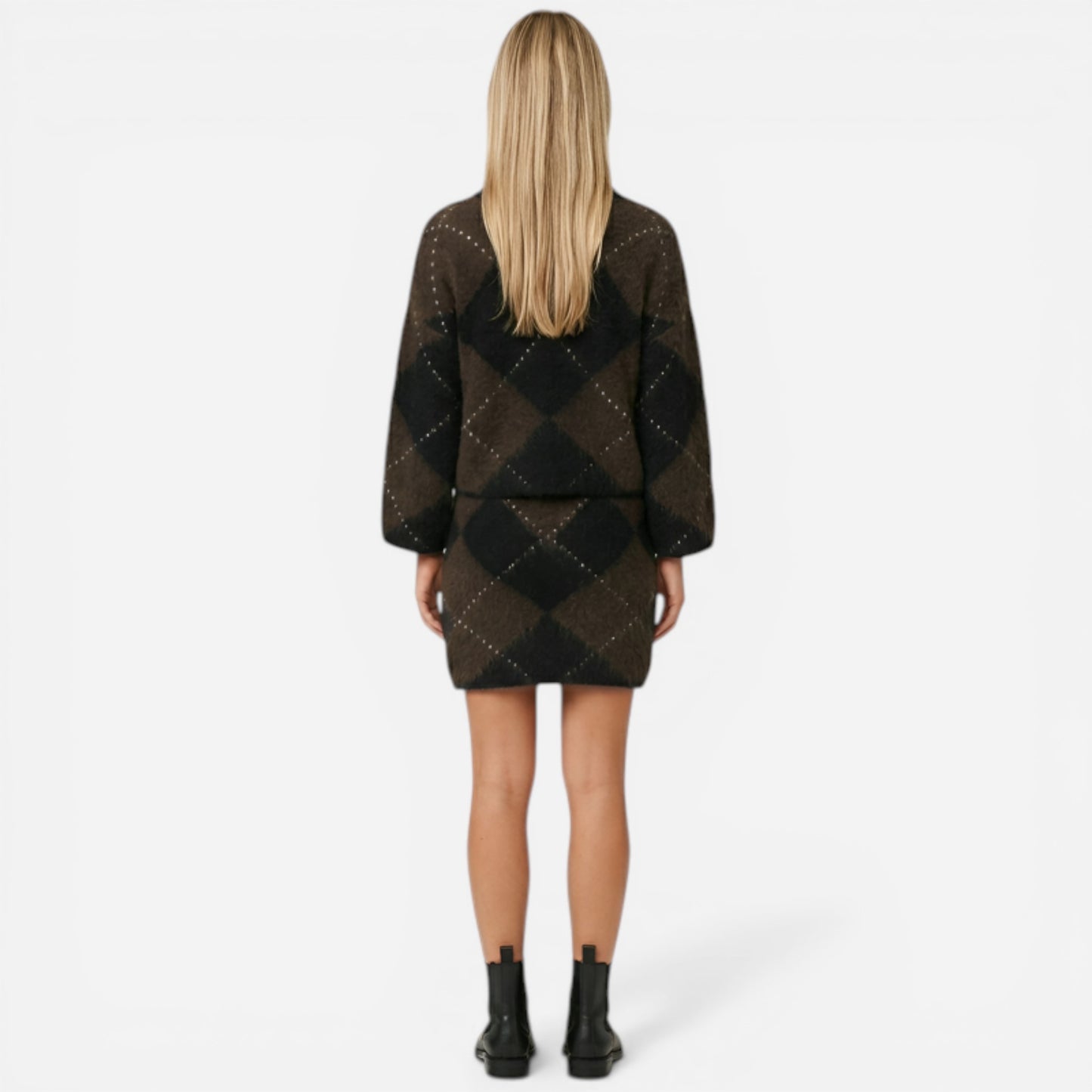Ensemble en tricot à motifs losanges pour femmes - col roulé et jupe courte