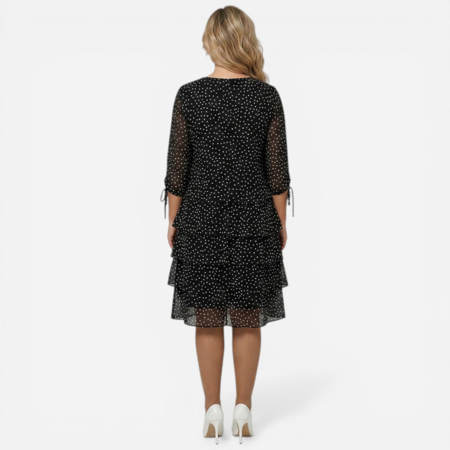 Robe midi à pois pour femme, manches 3/4, jupe élégante à volants