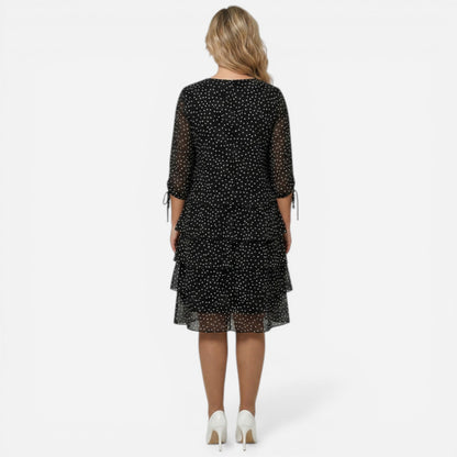 Robe midi à pois pour femme, manches 3/4, jupe élégante à volants