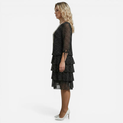 Robe midi à pois pour femme, manches 3/4, jupe élégante à volants