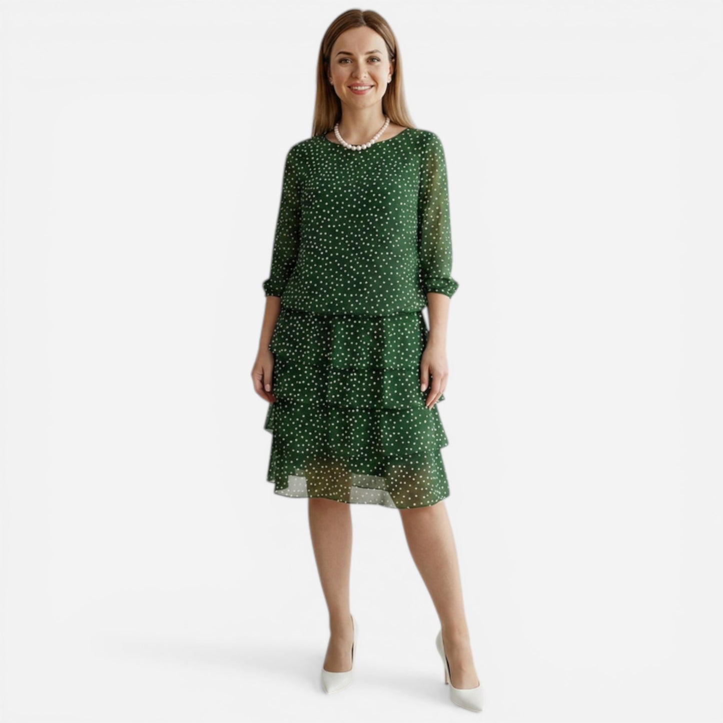 Robe midi à pois pour femme, manches 3/4, jupe élégante à volants