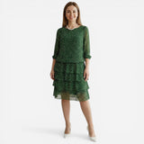 Robe midi à pois pour femme, manches 3/4, jupe élégante à volants