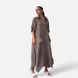 Leontine - Robe maxi en lin et coton avec revers élégant
