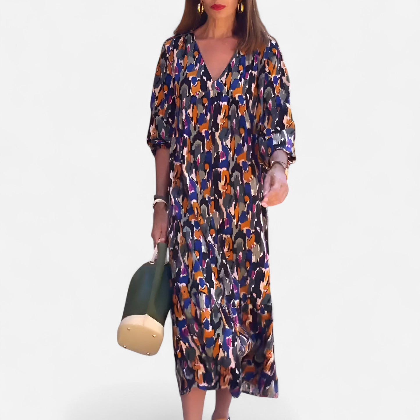 Lorina - Robe col V imprimé rétro élégante et tendance