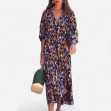 Lorina - Robe col V imprimé rétro élégante et tendance