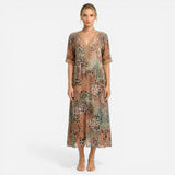 Robe Longue Femme Imprimé Floral V-Neck Été Manches Courtes