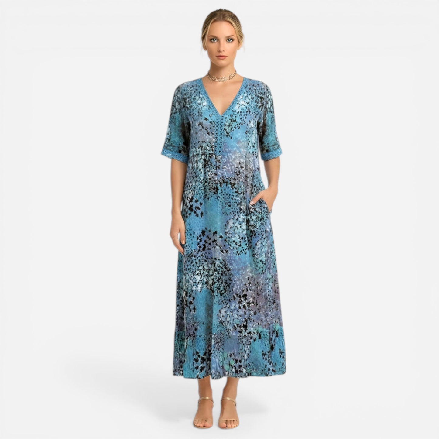 Robe Longue Femme Imprimé Floral V-Neck Été Manches Courtes