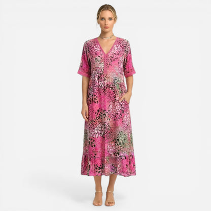 Robe Longue Femme Imprimé Floral V-Neck Été Manches Courtes