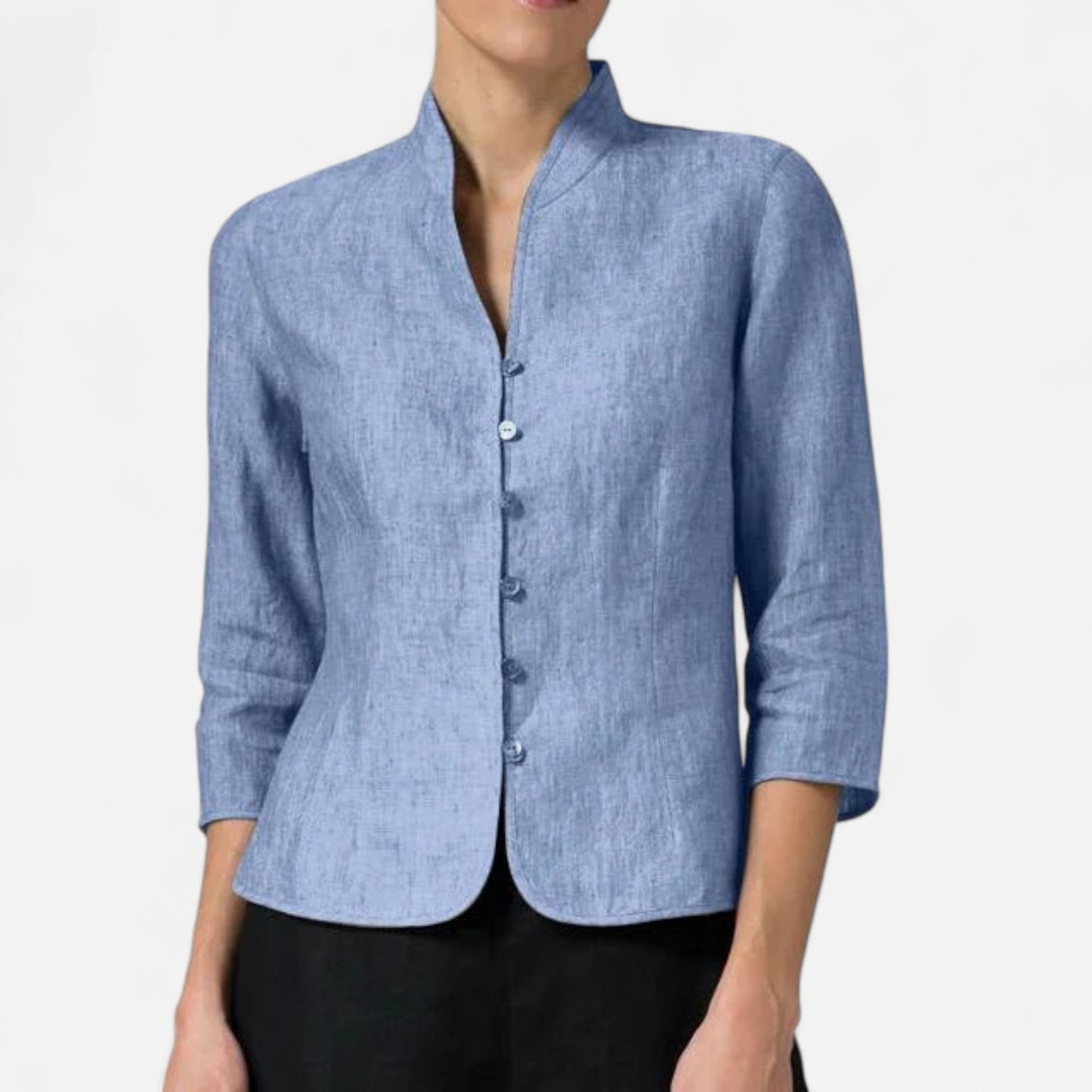 Blouse en Lin Mélangé à Col Mandarin - Manches 3/4 Ajustée