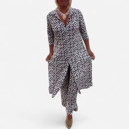 Livia - Ensemble Vintage Imprimé avec Revers Élégants et Boutons Chic