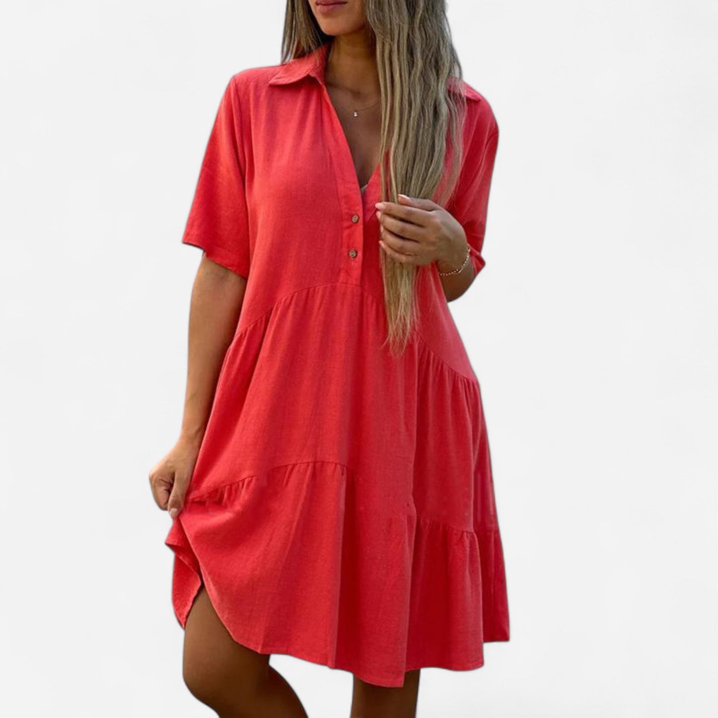 Vionelle - Robe décontractée en coton et lin, manches courtes pour femme