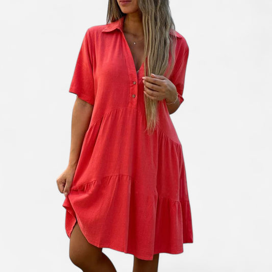 Vionelle - Robe décontractée en coton et lin, manches courtes pour femme