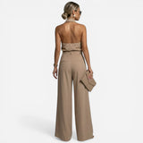 Costume Élégant Femme avec Pantalon Large et Top Col Montant