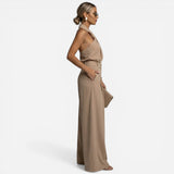 Costume Élégant Femme avec Pantalon Large et Top Col Montant