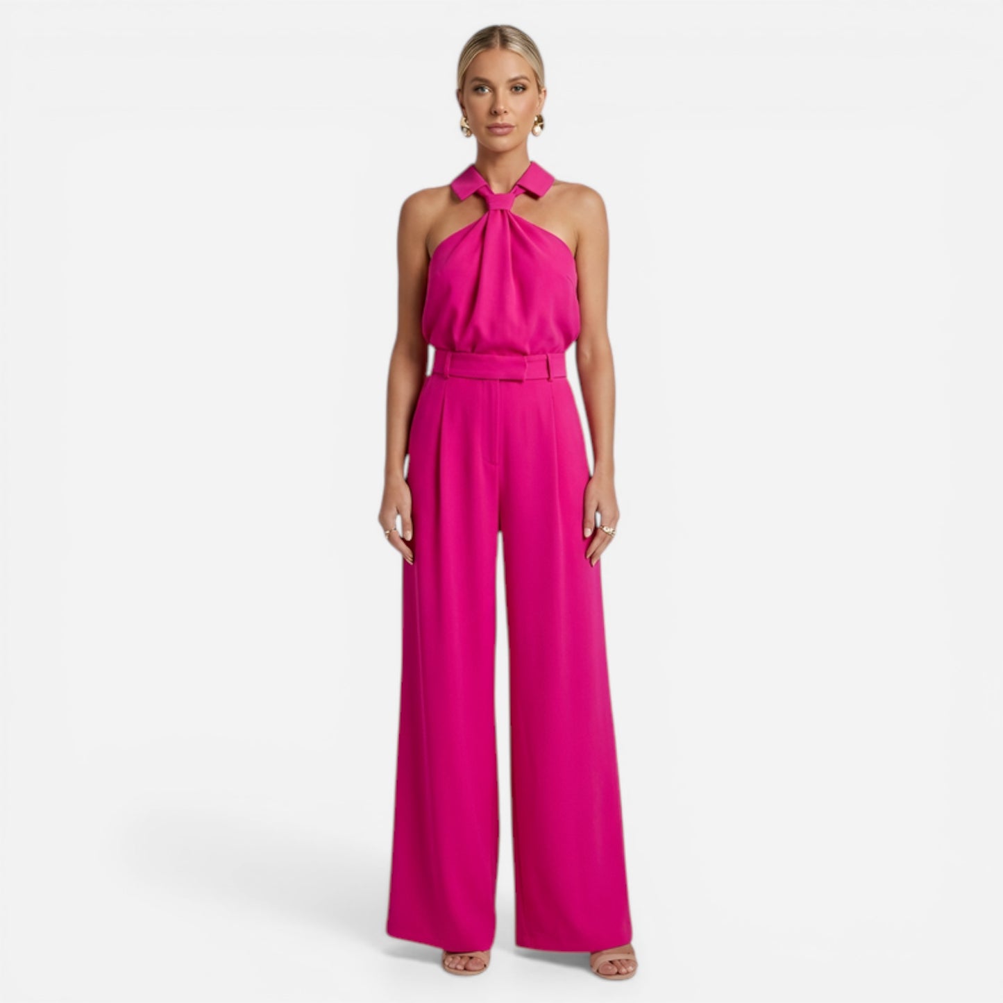 Costume Élégant Femme avec Pantalon Large et Top Col Montant