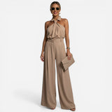 Costume Élégant Femme avec Pantalon Large et Top Col Montant