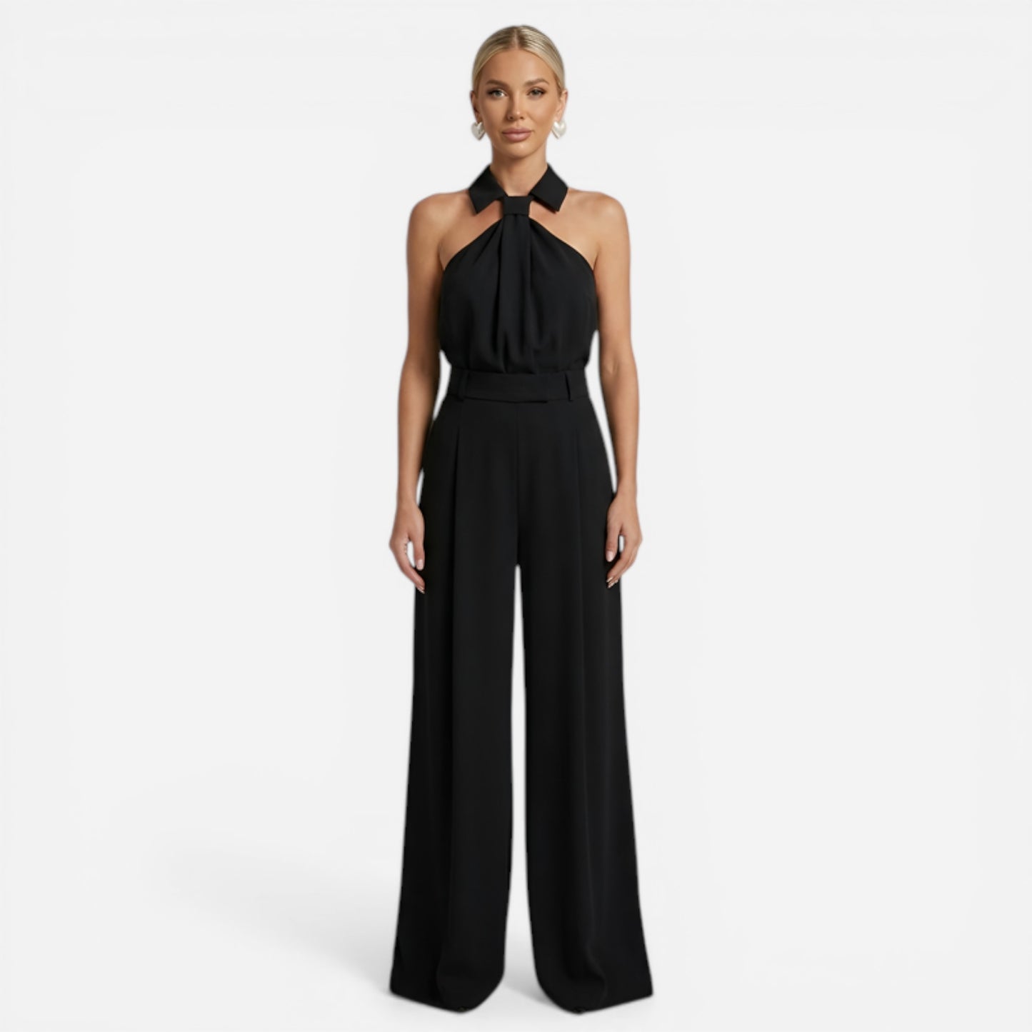 Costume Élégant Femme avec Pantalon Large et Top Col Montant