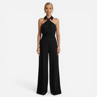 Costume Élégant Femme avec Pantalon Large et Top Col Montant