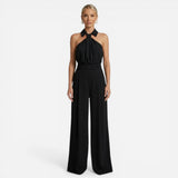 Costume Élégant Femme avec Pantalon Large et Top Col Montant