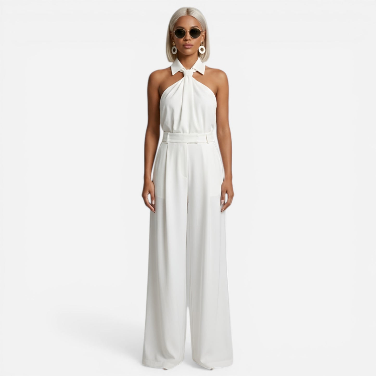 Costume Élégant Femme avec Pantalon Large et Top Col Montant