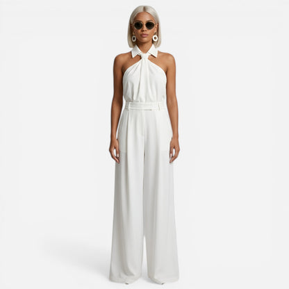 Costume Élégant Femme avec Pantalon Large et Top Col Montant