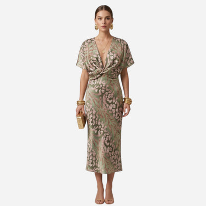Robe Élégante Femme à Imprimé, Décolleté en V et Nœud Avant, Manches Courtes