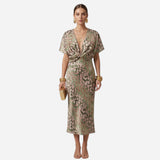 Robe Élégante Femme à Imprimé, Décolleté en V et Nœud Avant, Manches Courtes