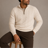 Pull-over pour homme en tricot torsadé à col montant - Zip quart